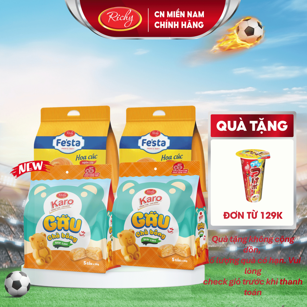 [Tặng quà đơn từ 129k]Combo 4 Bịch, Bánh Karo chà bông sợi gà, Bánh mì hoa cúc Fe'sta, Bánh tươi, HSD 35-45 ngày