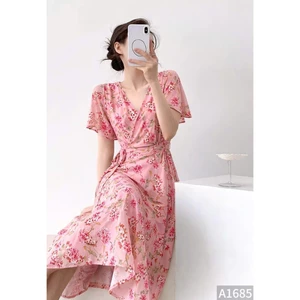Đầm Cati hoa cổ V buộc đai eo 2 màu A1685