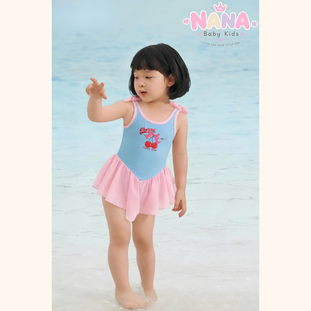 Set đồ bơi bé gái, bikini đồ đi biển cho bé gái màu xanh hồng chất thun co giãn chân váy xòe Tặng Kèm Mũ Size 12-28kg