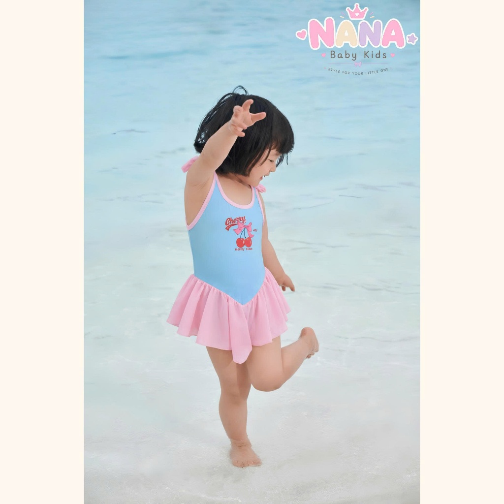 Set đồ bơi bé gái, bikini đồ đi biển cho bé gái màu xanh hồng chất thun co giãn chân váy xòe Tặng Kèm Mũ Size 12-28kg