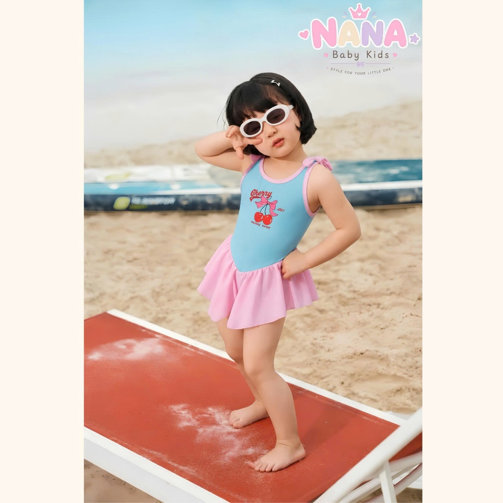 Set đồ bơi bé gái, bikini đồ đi biển cho bé gái màu xanh hồng chất thun co giãn chân váy xòe Tặng Kèm Mũ Size 12-28kg
