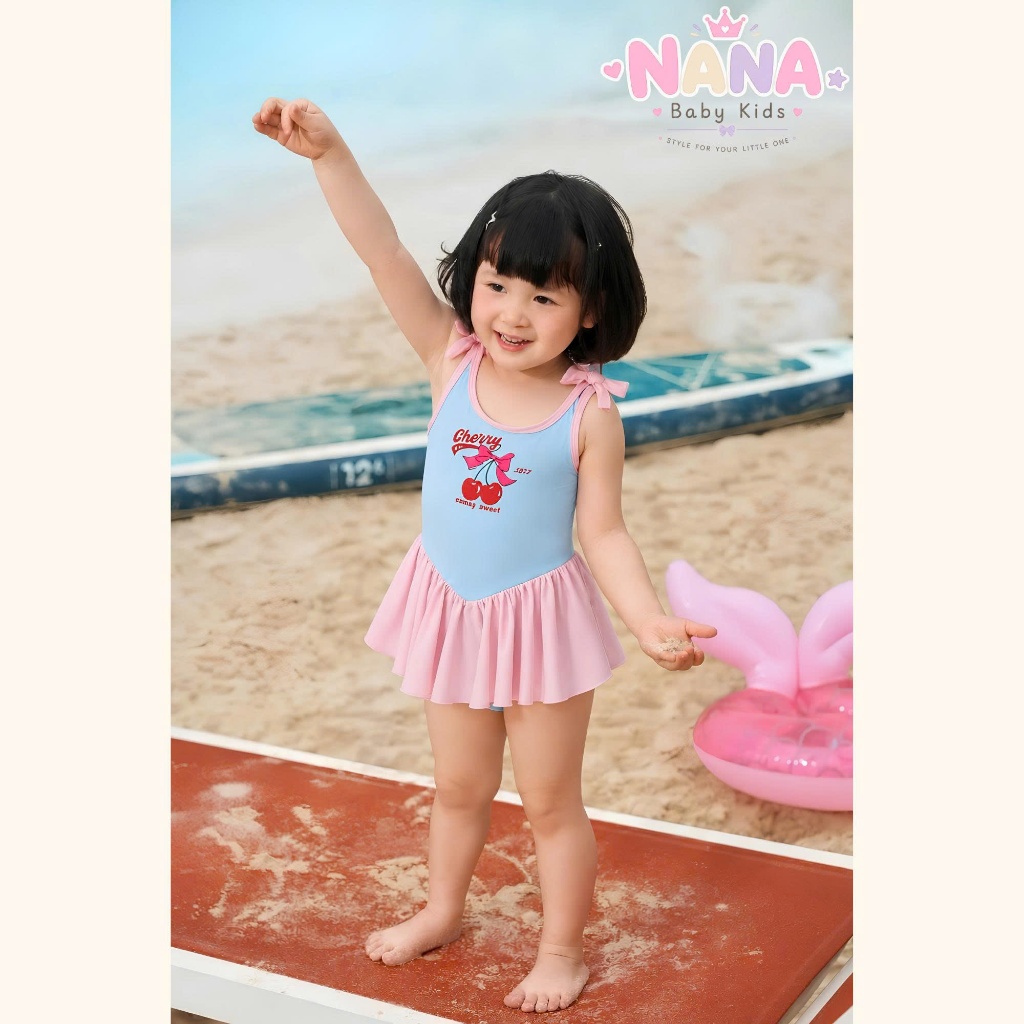 Set đồ bơi bé gái, bikini đồ đi biển cho bé gái màu xanh hồng chất thun co giãn chân váy xòe Tặng Kèm Mũ Size 12-28kg