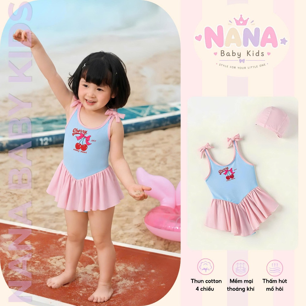 Set đồ bơi bé gái, bikini đồ đi biển cho bé gái màu xanh hồng chất thun co giãn chân váy xòe Tặng Kèm Mũ Size 12-28kg