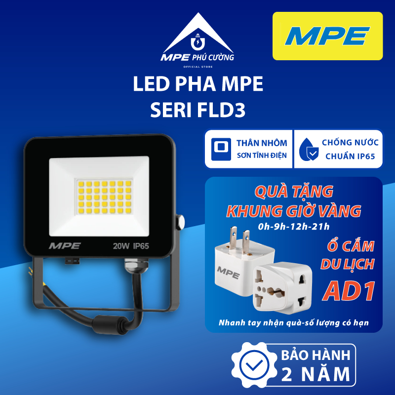 ĐÈN LED FLOODLIGHT SERIES FLD3 chính hãng MPE. đèn pha sản xuất tiêu chuẩn châu Âu với 2 loại ánh sáng: trắng, vàng.