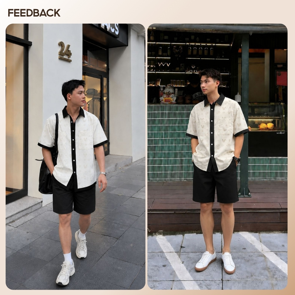 Áo sơ mi REPEAT nam phối viền đen nổi bật, họa tiết monogram hiện đại, chất vải Poplin Polyester giữ form tốt - FEAER