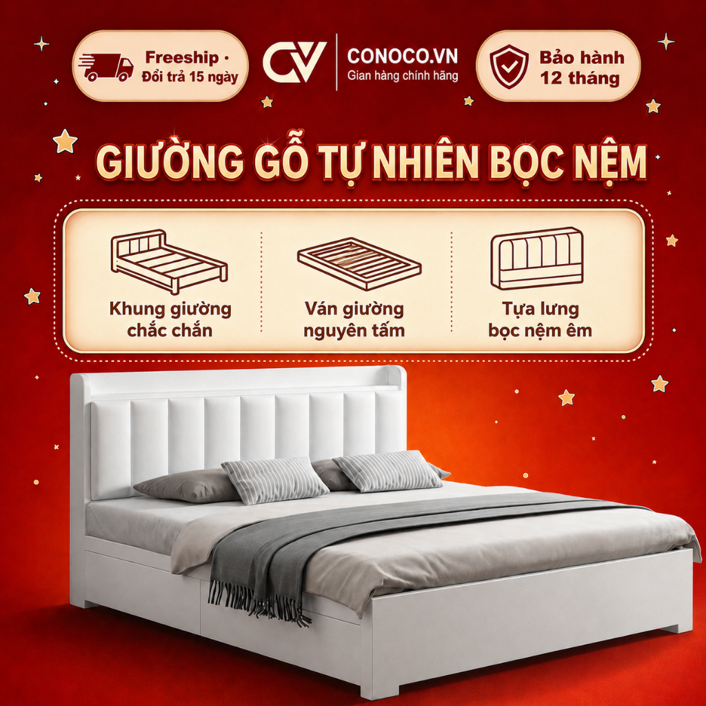 CONOCO Giường Ngủ Gỗ Hiện Đại Tự Nhiên Bọc Nệm Cao Cấp 1000kg - Giá Tốt Nhất