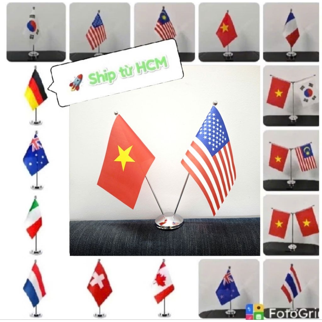 Ship Từ HCM [Cờ để bàn KIM LOẠI]Trụ cờ để bàn Việt Nam Hàn Quốc Nhật Mỹ ĐỨC PHÁP/Trụ đơn/trụ Y cờ thế giới world cup