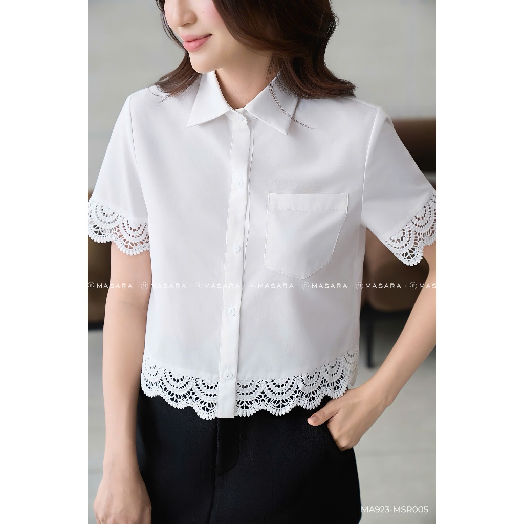 Áo sơ mi trắng tay ngắn Masara phối viền ren tinh tế phong cách nữ tính MA923