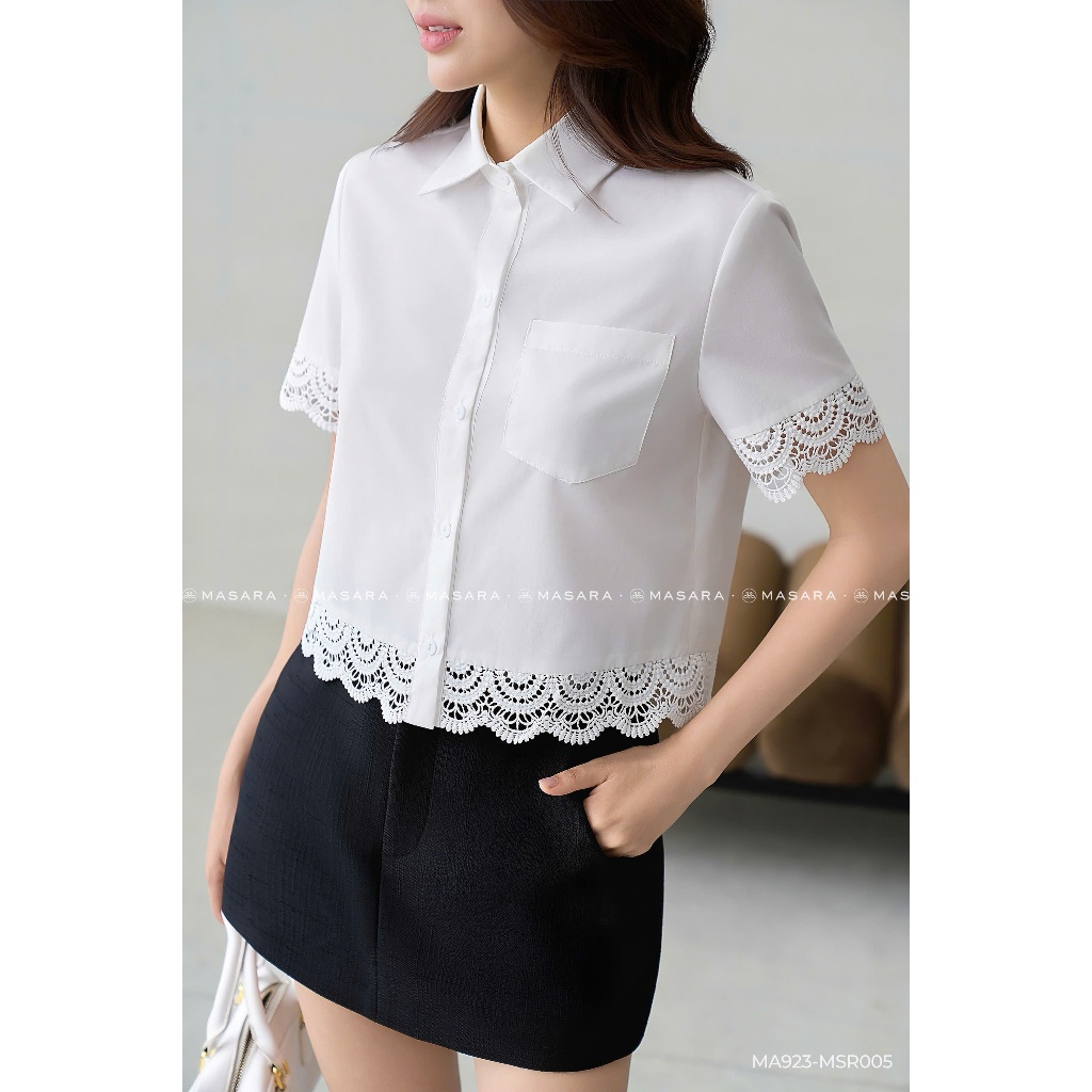 Áo sơ mi trắng tay ngắn Masara phối viền ren tinh tế phong cách nữ tính MA923