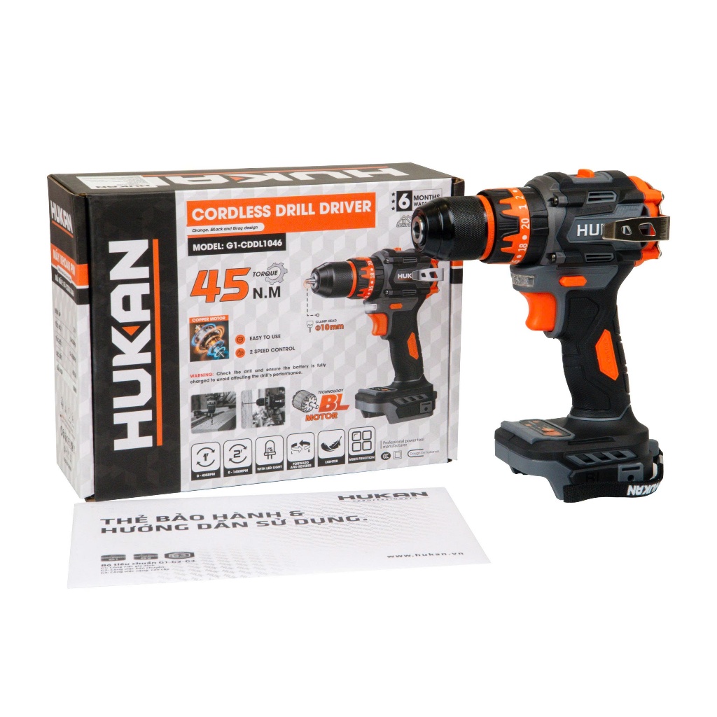 Thân Máy Khoan HUKAN G1-CDDL1046 | 21V - Đầu Kẹp 10MM - Lực Siết 45N.m | Động Cơ Không Chổi Than | Đảo Chiều Linh Hoạt