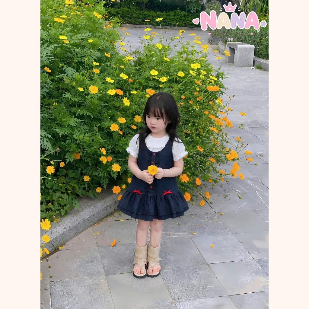 Set váy vé gái, bộ đầm bé gái 2 chi tiết áo cotton cổ bèo kèm váy sát nách đuôi cá chất denim mềm Size 12-32kg