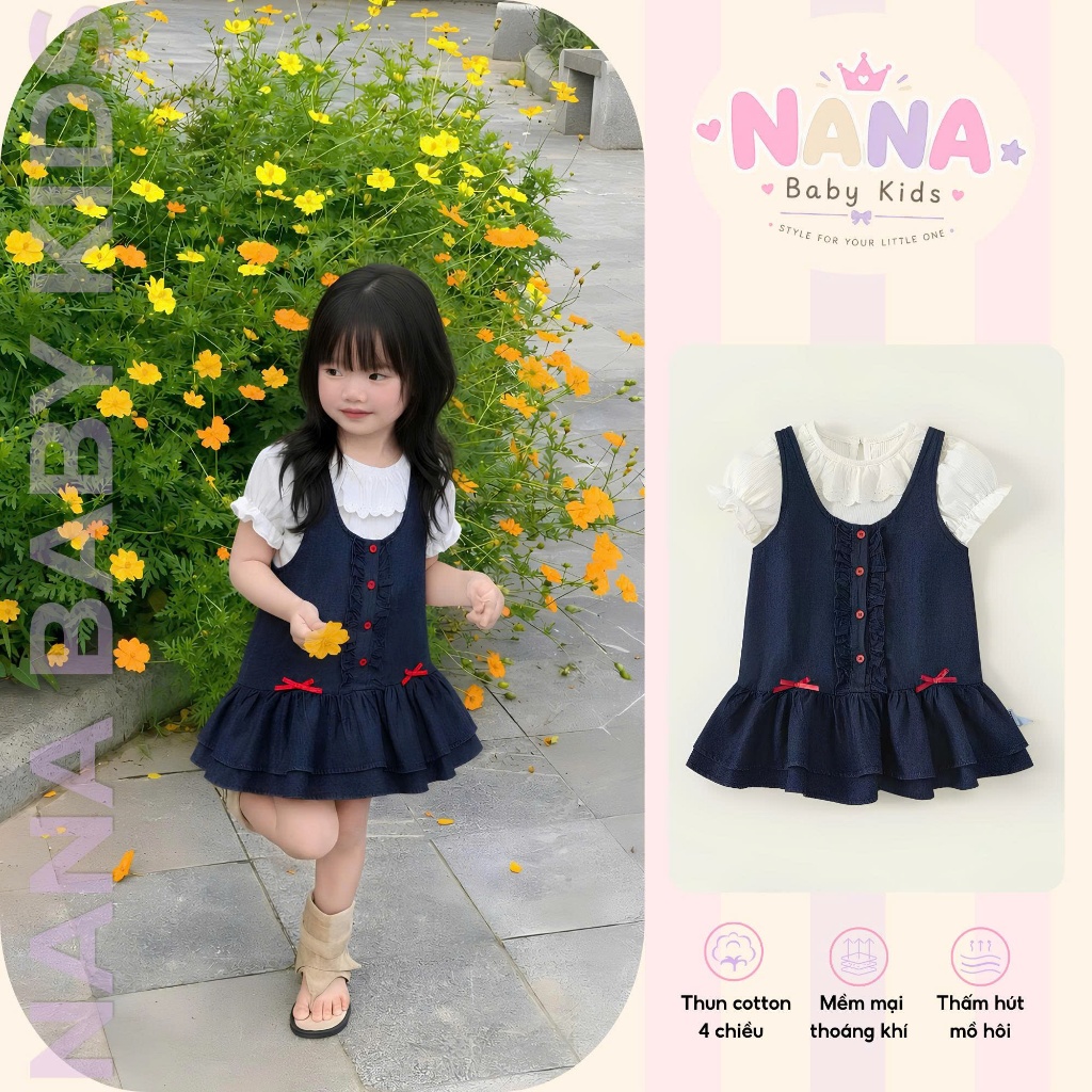 Set váy vé gái, bộ đầm bé gái 2 chi tiết áo cotton cổ bèo kèm váy sát nách đuôi cá chất denim mềm Size 12-32kg