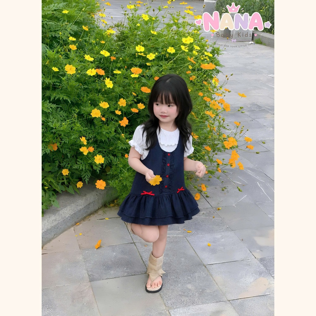 Set váy vé gái, bộ đầm bé gái 2 chi tiết áo cotton cổ bèo kèm váy sát nách đuôi cá chất denim mềm Size 12-32kg