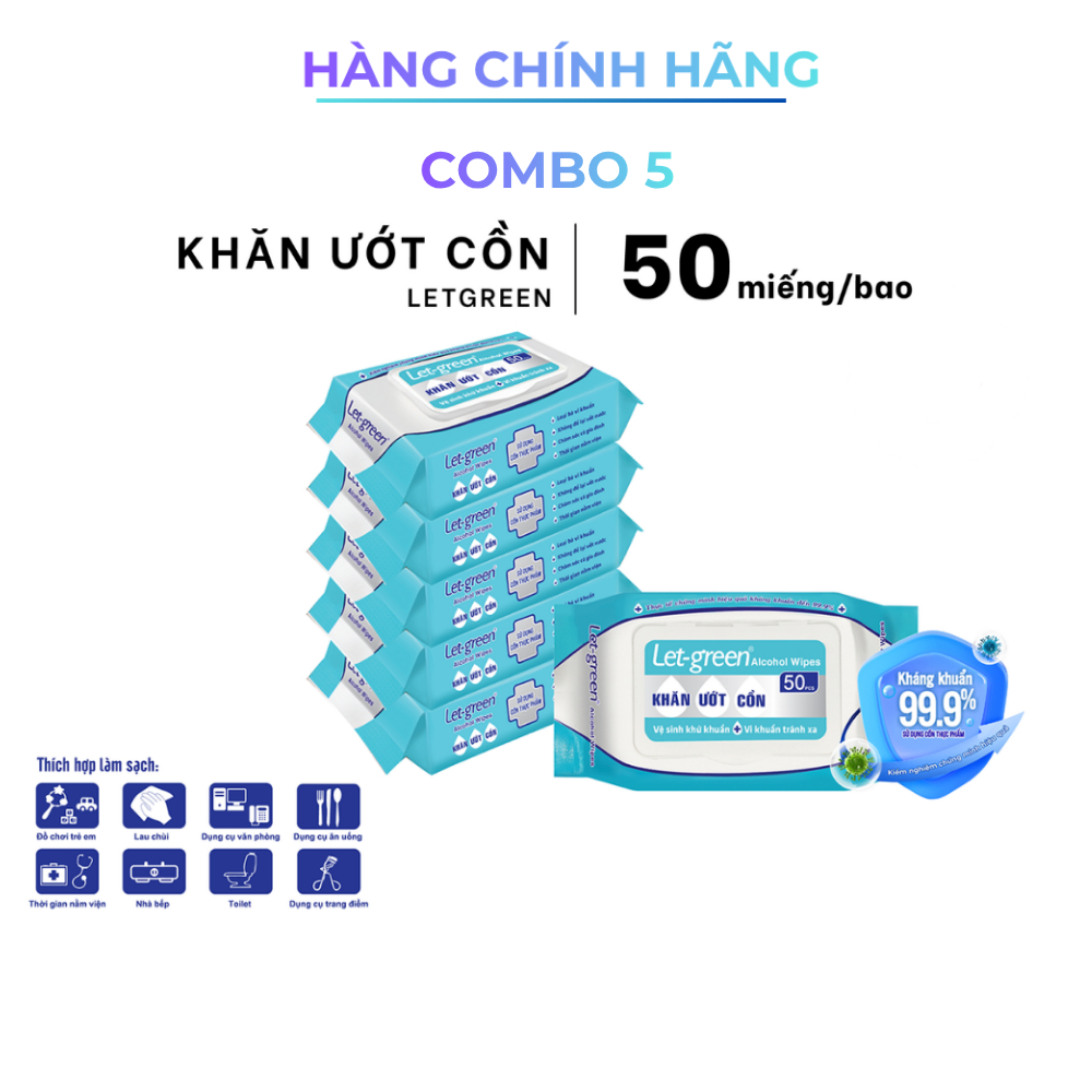 [Combo] Khăn Ướt Cồn Thực Phẩm LET-GREEN 50 Miếng - Kháng Khuẩn 99% - An Toàn - Tiện Lợi