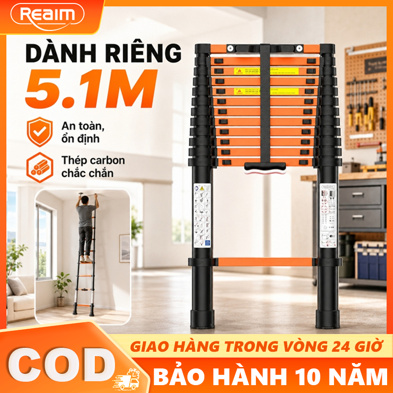 Thang Nhôm Rút Thẳng Thép Carbon Cao Cấp Nhập Khẩu Thang kéo đa năng Dành riêng 5.1m bảo hành 2 năm