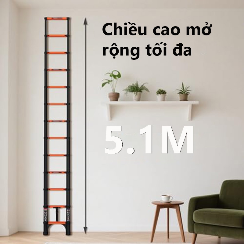 Thang Nhôm Rút Thẳng Thép Carbon Cao Cấp Nhập Khẩu Thang kéo đa năng Dành riêng 5.1m bảo hành 2 năm