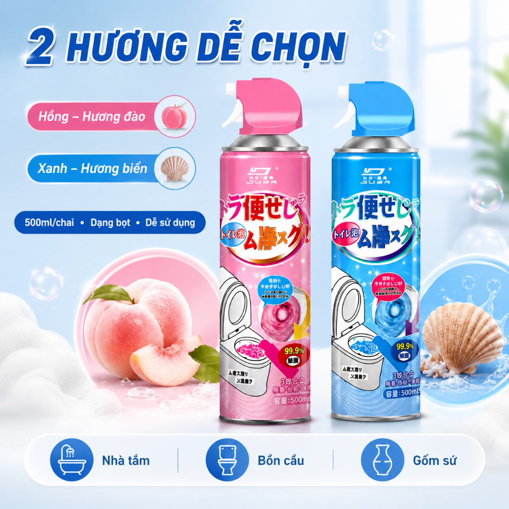 Bọt Vệ Sinh Bồn Cầu 500ml|Dạng Xịt Tạo Bọt,Làm Sạch Cặn Bẩn,Khử Mùi|2 Hương Dễ Chọn