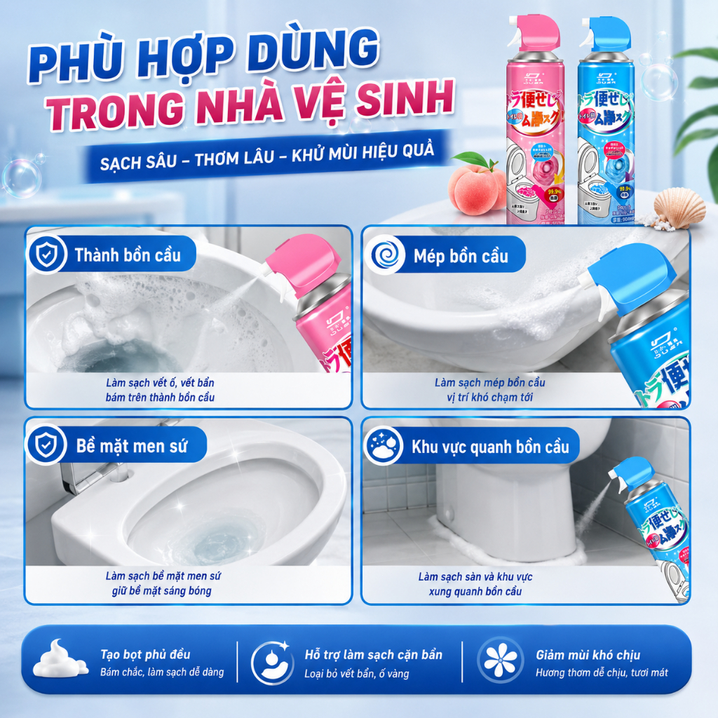 Bọt Vệ Sinh Bồn Cầu 500ml|Dạng Xịt Tạo Bọt,Làm Sạch Cặn Bẩn,Khử Mùi|2 Hương Dễ Chọn