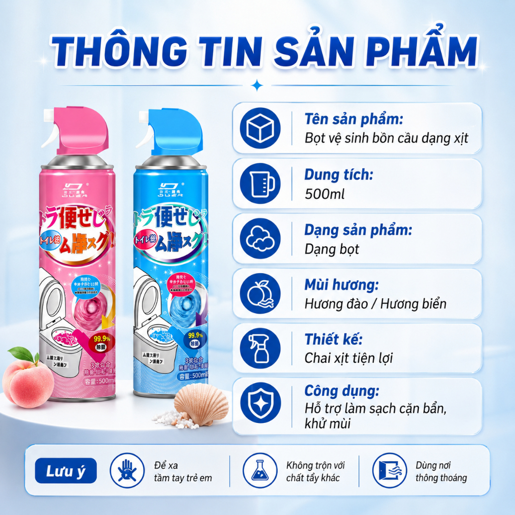 Bọt Vệ Sinh Bồn Cầu 500ml|Dạng Xịt Tạo Bọt,Làm Sạch Cặn Bẩn,Khử Mùi|2 Hương Dễ Chọn