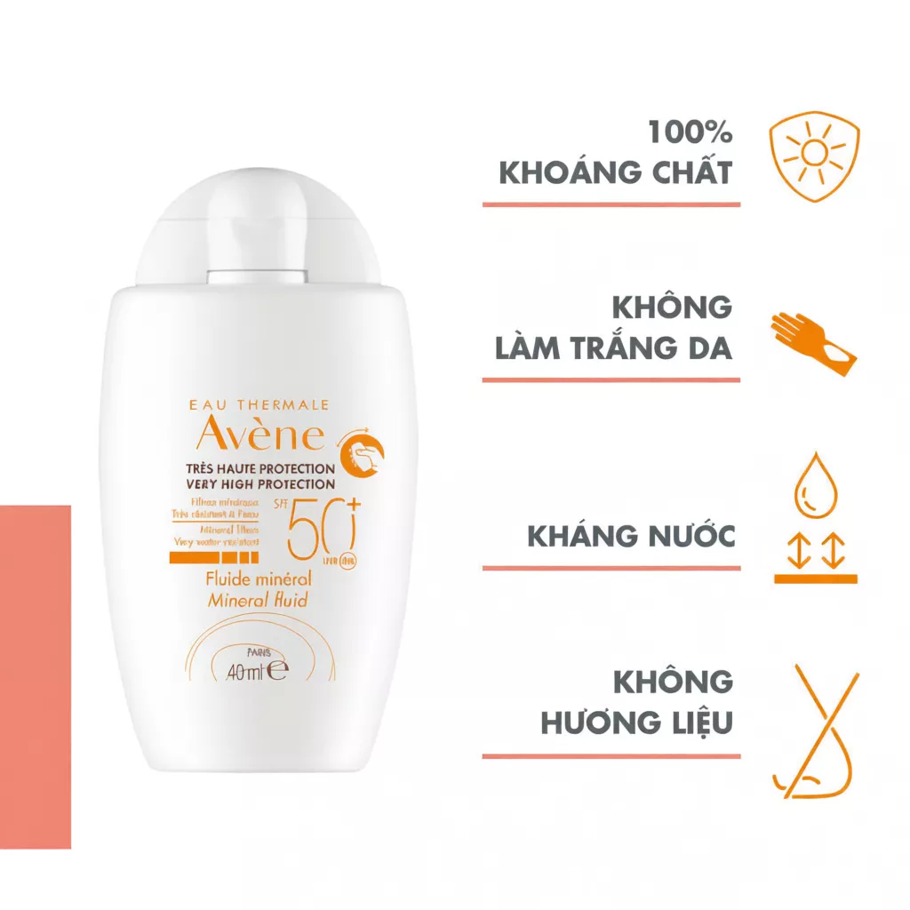 Kem chống nắng Avène 40ml/Mineral Fluid SPF 50+/vật lý cho da nhạy cảm dễ kích ứng