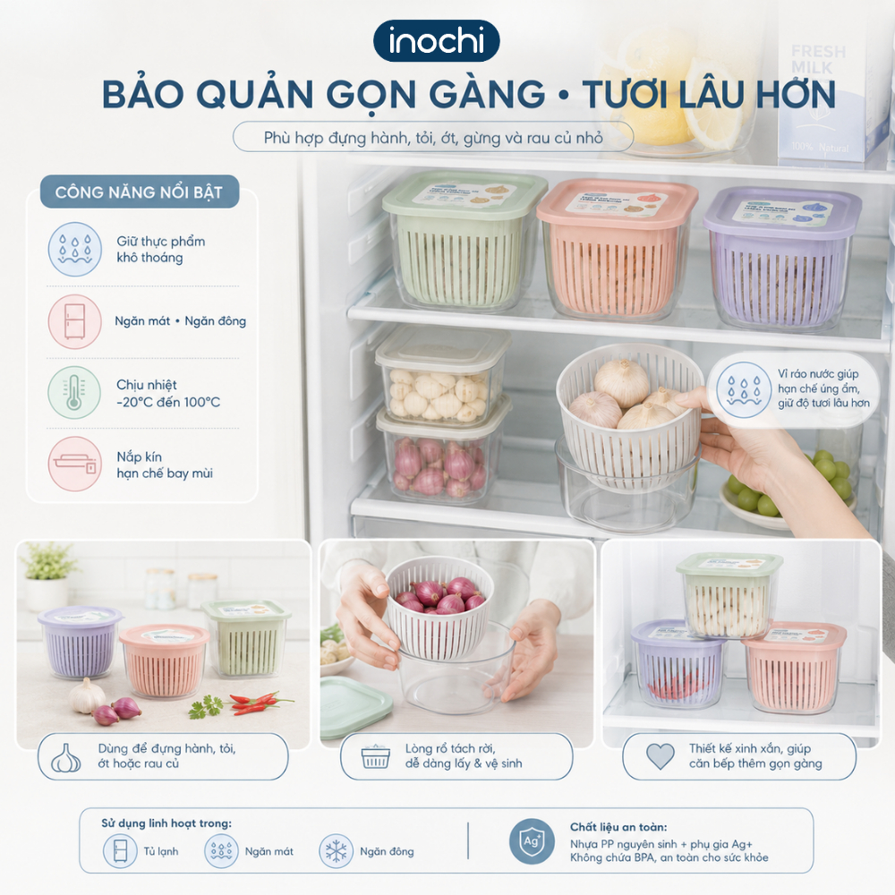 Hộp đựng hành tỏi Inochi - Hokkaido, bảo quản 3 tháng trong tủ lạnh, các loại rau thơm, củ, quả