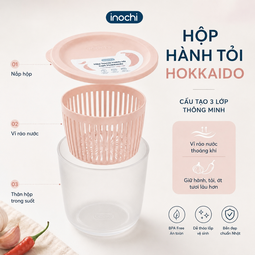 Hộp đựng hành tỏi Inochi - Hokkaido, bảo quản 3 tháng trong tủ lạnh, các loại rau thơm, củ, quả