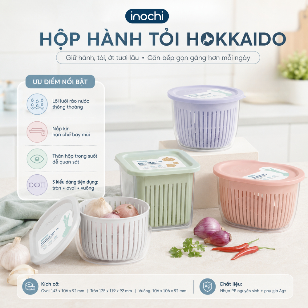 Hộp đựng hành tỏi Inochi - Hokkaido, bảo quản 3 tháng trong tủ lạnh, các loại rau thơm, củ, quả