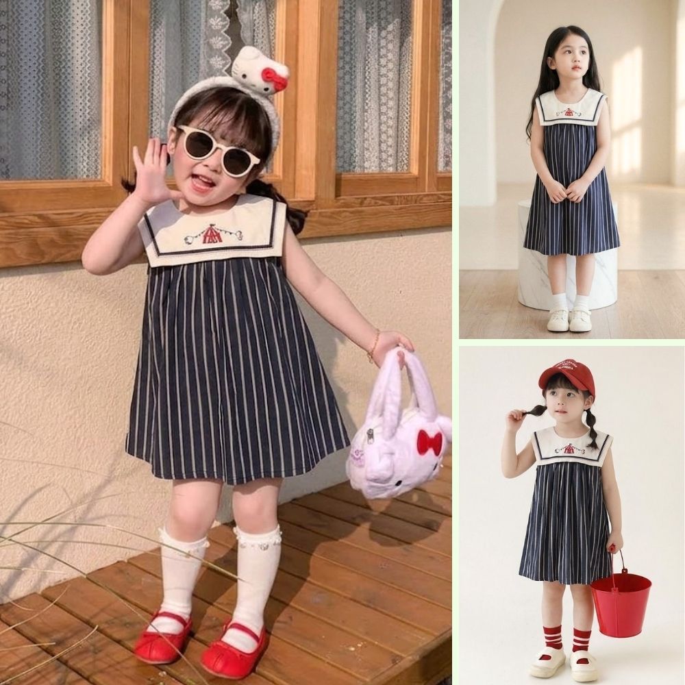 Váy Cho Bé Gái, Váy Kẻ Thiết Kế Cổ Vạt Họa Tiết Thuê Xinh Xắn Chất Liệu Cotton Thoáng Mát