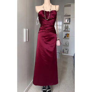 Đầm dạ hội satin đỏ rượu vang xếp li ôm dáng sang trọng 2hand