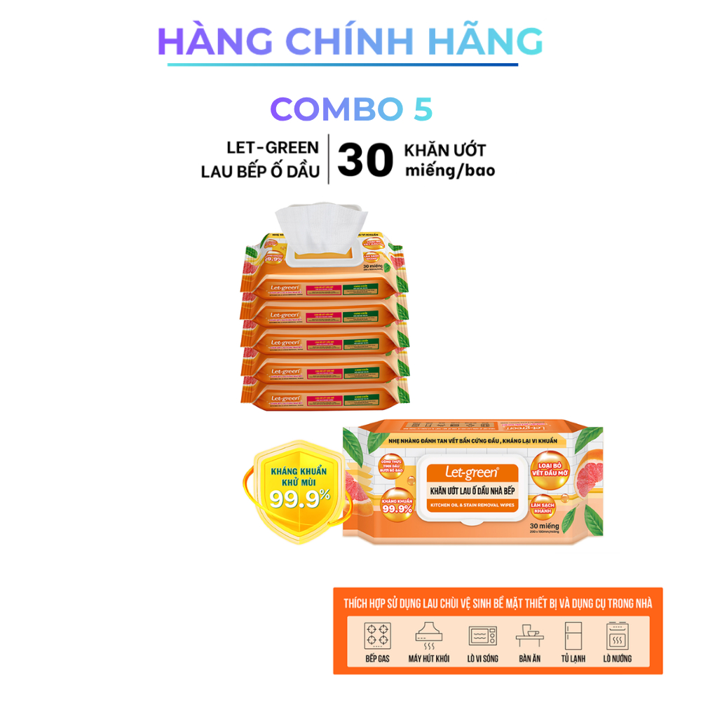 [Combo] Khăn Ướt Lau Bếp LET-GREEN Sạch Ố Dầu 30 Miếng - Tinh dầu bưởi bồ đào - An toàn cho da