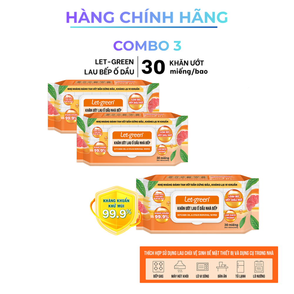[Combo] Khăn Ướt Lau Bếp LET-GREEN Sạch Ố Dầu 30 Miếng - Tinh dầu bưởi bồ đào - An toàn cho da