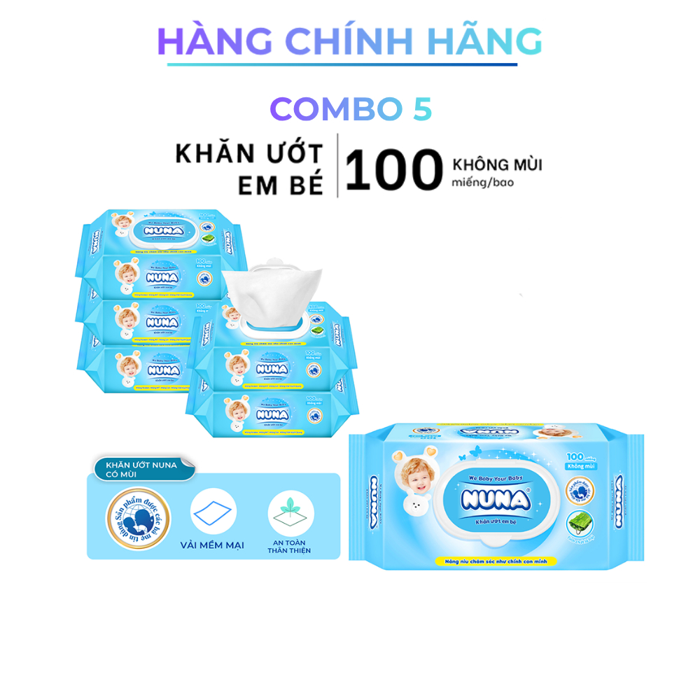 [Combo] Khăn Ướt Em Bé Nuna 100 Tờ Không Mùi - Vải Rayon Mềm Dai - An Toàn Cho Bé