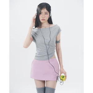Basically Áo thun cổ thuyền cách điệu xám June Playlist Top BSY-TS03 + Váy thun hồng tím 2 lớp Pink Note Skirt BSY-SK03