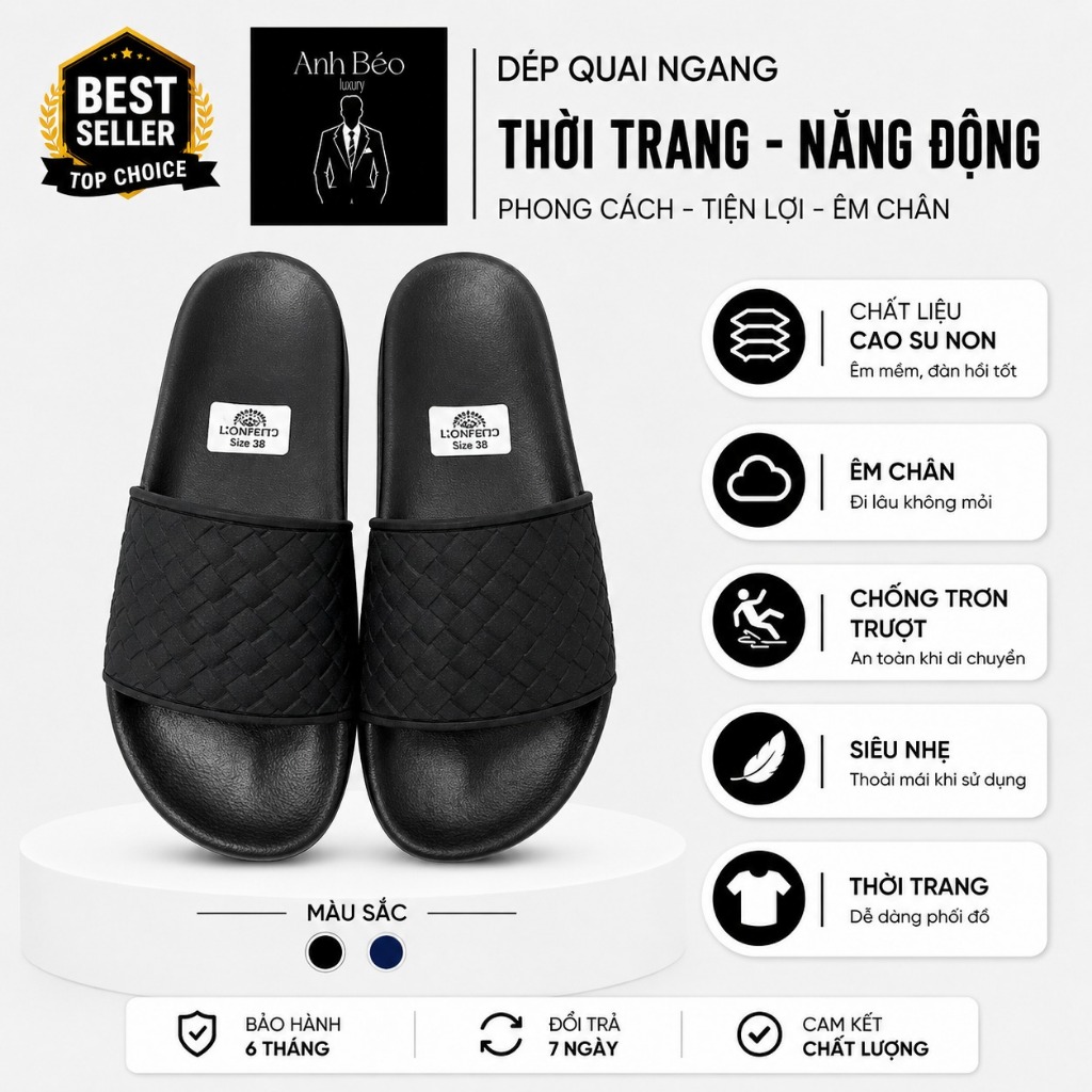 Dép Nam quai ngang - Quai Dép Dập Cao tầng - Đế Tăng Chiều Cao PU Chào Mừng 2026 Size 36-44