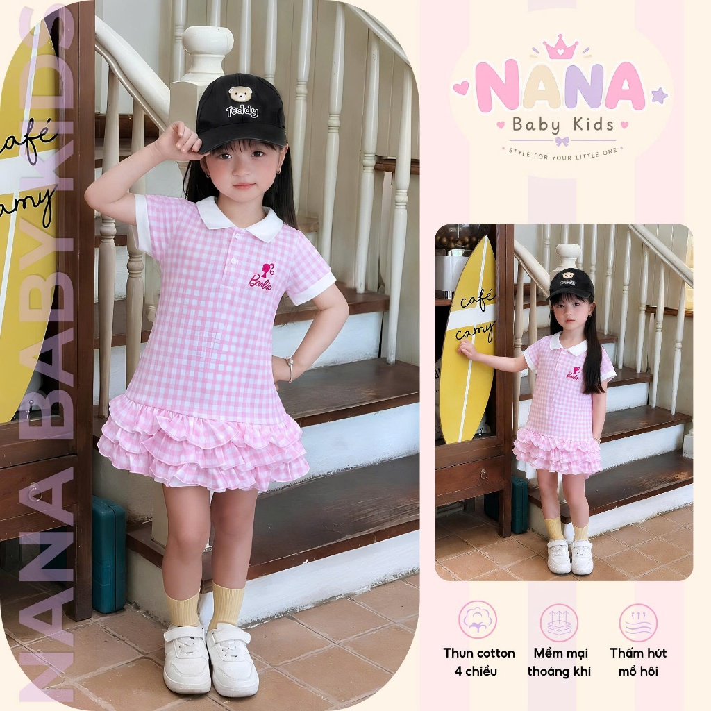 Set váy bé gái, đầm bé gái caro polo phối bèo 3 tầng chất cotton thấm hút thoáng mát mùa hè đi học đi chơi Size 8-40kg