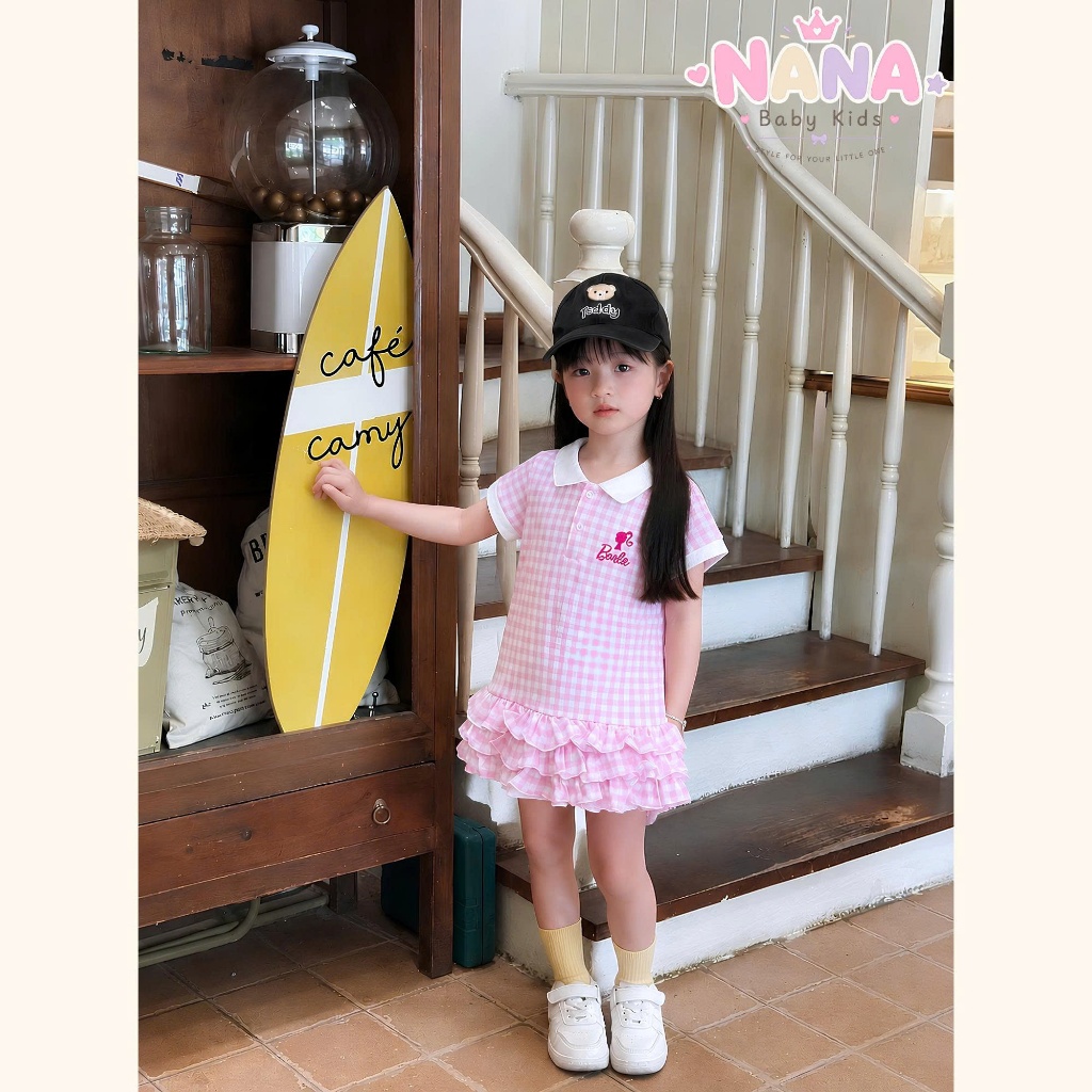 Set váy bé gái, đầm bé gái caro polo phối bèo 3 tầng chất cotton thấm hút thoáng mát mùa hè đi học đi chơi Size 8-40kg