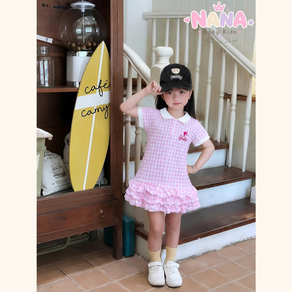 Set váy bé gái, đầm bé gái caro polo phối bèo 3 tầng chất cotton thấm hút thoáng mát mùa hè đi học đi chơi Size 8-40kg