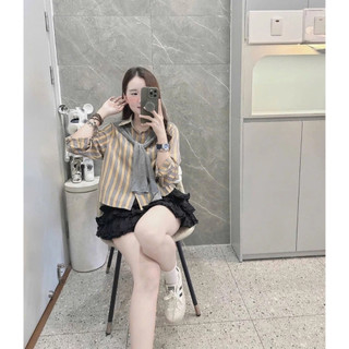 Áo kiểu sơ mi dài tay họa tiết kẻ sọc kèm khăn choàng cổ rời áo sơ mi nữ mặc ra ngoài đi cafe du lịch hè HCOM26502