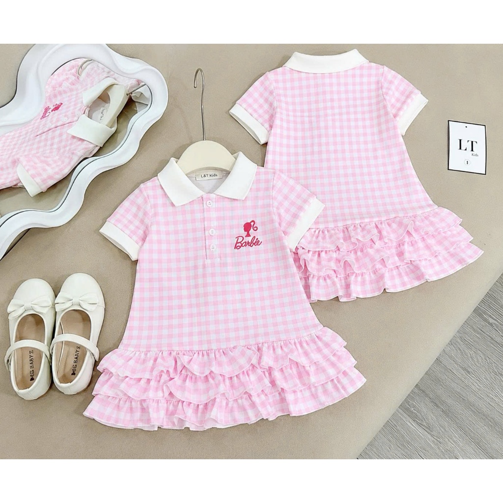 Set váy bé gái, đầm bé gái caro polo phối bèo 3 tầng chất cotton thấm hút thoáng mát mùa hè đi học đi chơi Size 8-40kg