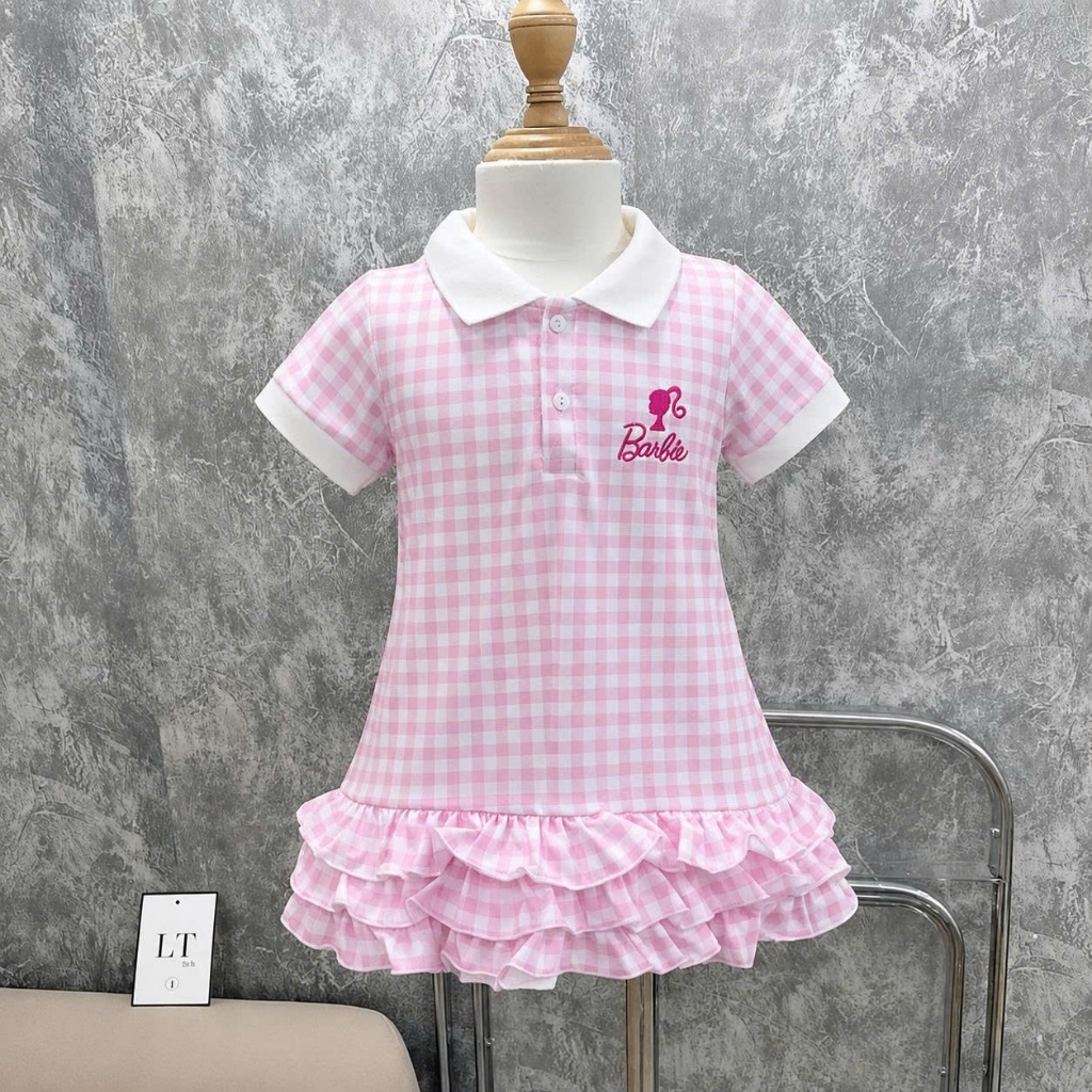 Set váy bé gái, đầm bé gái caro polo phối bèo 3 tầng chất cotton thấm hút thoáng mát mùa hè đi học đi chơi Size 8-40kg