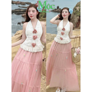 Set váy dài, Set thiết kế áo yếm Xô Thêu hoa phối chân váy maxi dáng dài Lưới đính hoa xinh_L
