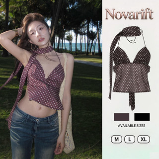 Nova-Áo hai dây chấm bi ruy băng gợi cảm dành cho nữ, ôm sát, ngắn, đa năng, hở lưng.