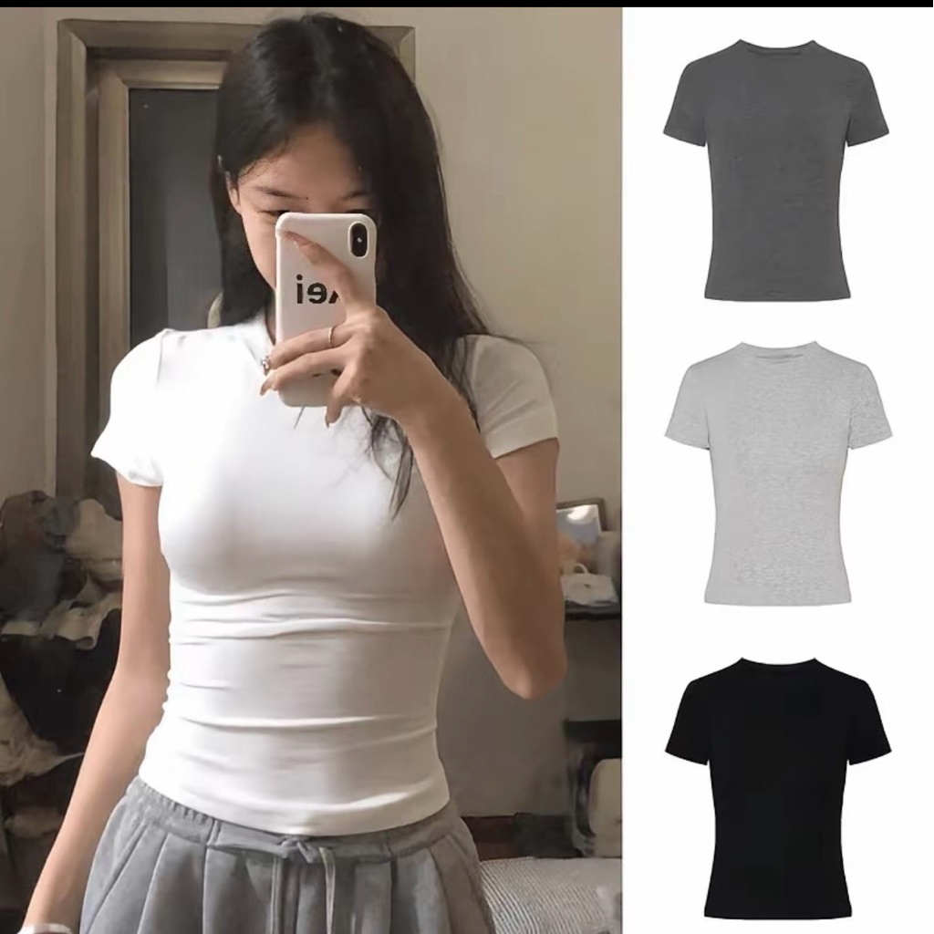 Áo thun nữ cổ tròn ôm body chất thun zip co giãn mềm mịn hàng loại 1 - Áo thun cộc tay HiiNcloset - 121 | BigBuy360 - bigbuy360.vn