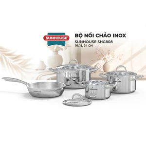 Bộ nồi chảo Inox 304 Sunhouse SHG808 - 3 nồi và 1 chảo - Dùng cho mọi loại bếp - Đa lớp - Dùng được cho máy rửa bát