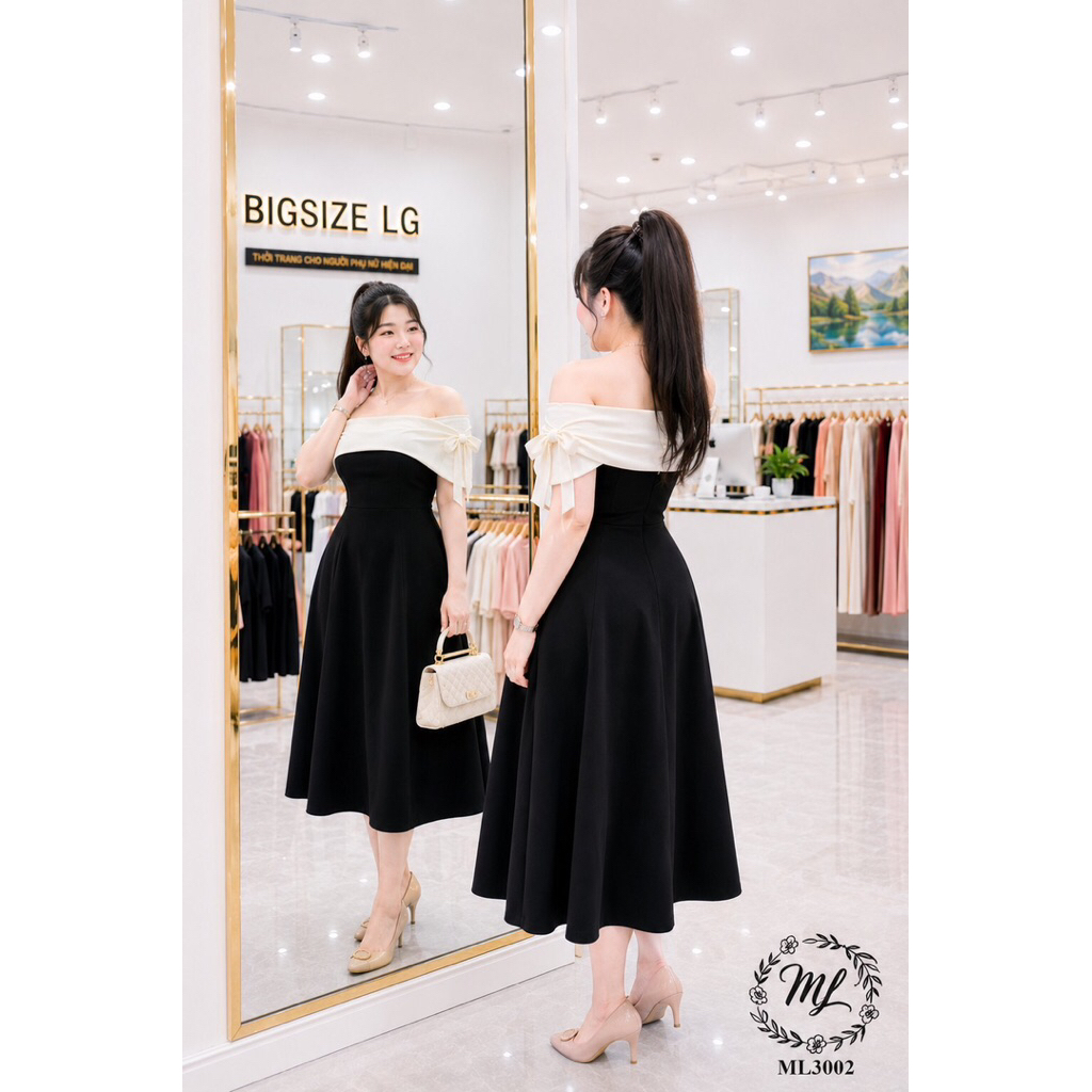 ĐẦM BIGSIZE TRỄ VAI PHỐI MÀU EO ÔM XÒE TÔN DÁNG SANG TRỌNG THUN POLY 2 DA 55-90KG ML3002 ✨