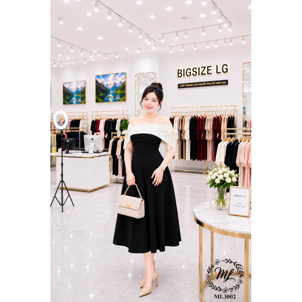 ĐẦM BIGSIZE TRỄ VAI PHỐI MÀU EO ÔM XÒE TÔN DÁNG SANG TRỌNG THUN POLY 2 DA 55-90KG ML3002 ✨