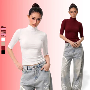Áo thun body nữ cổ lọ tay lửng cổ cao 6cm dáng dài co giãn POMTOP chất vải Borip Cotton mềm mịn TD19