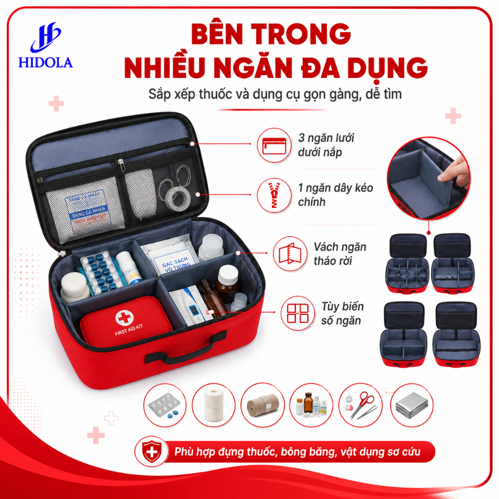 Túi Y Tế Sơ Cứu, Túi Cứu Thương, Túi Đựng Thuốc HIDOLA Cho Cá nhân, Gia đình Nhỏ Gọn Chống Nước 8 LÍT, 9141C