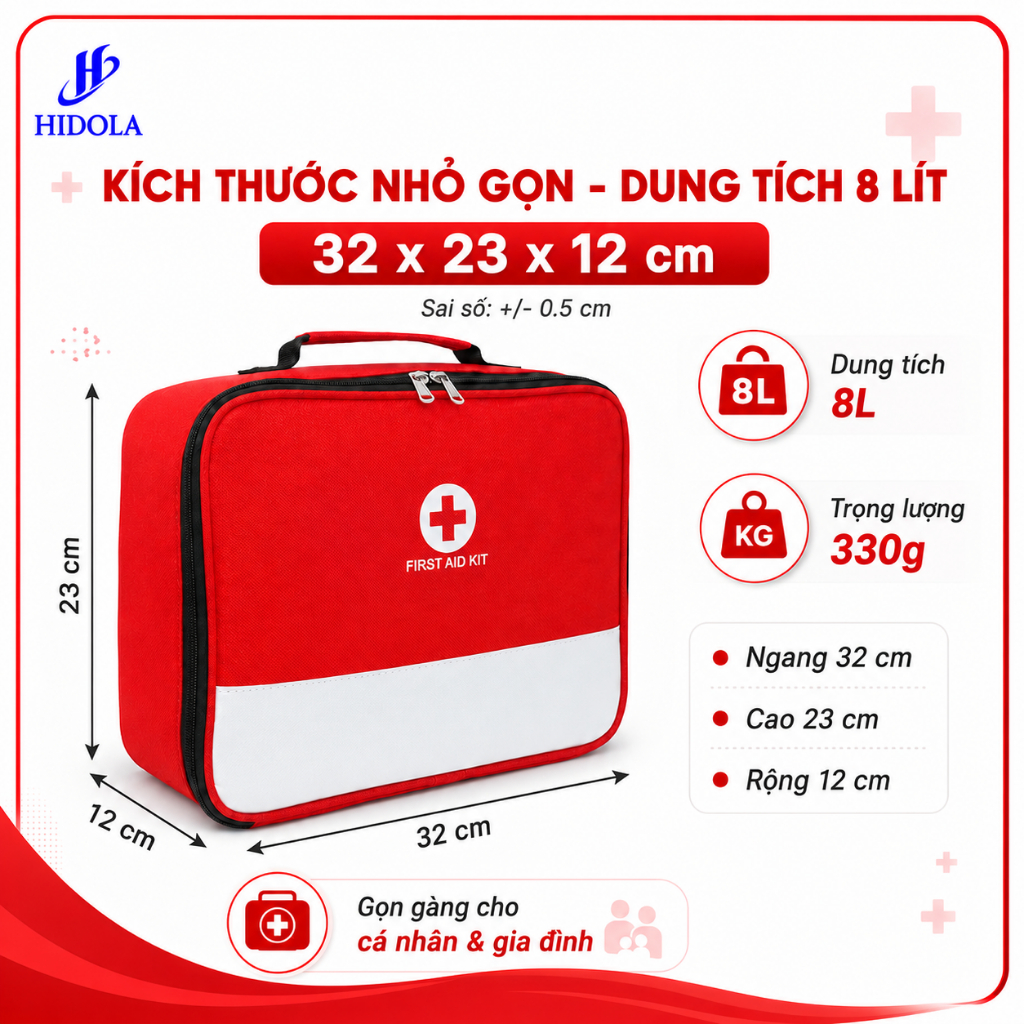 Túi Y Tế Sơ Cứu, Túi Cứu Thương, Túi Đựng Thuốc HIDOLA Cho Cá nhân, Gia đình Nhỏ Gọn Chống Nước 8 LÍT, 9141C