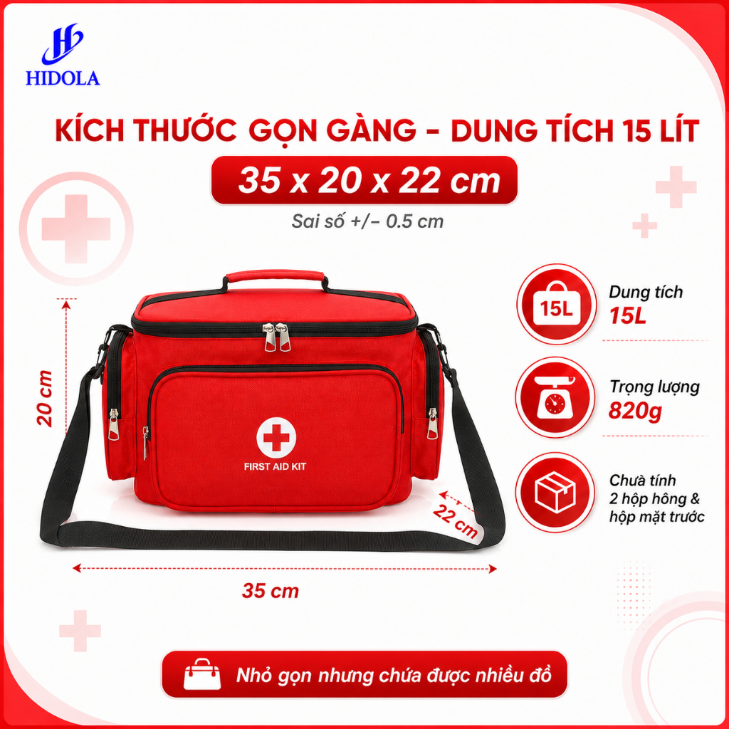 Túi Y Tế Giữ Nhiệt, Túi Cứu Thương HIDOLA Có Quai Xách Tiện Lợi Phù Hợp Cá Nhân, Gia Đình Dung Tích 15 LÍT, 9124